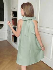 SHEIN Tween Girl Elegant Solid Green Halter Neck Beaded Back Bow A-Line Sleeveless Dress Pearl Embellished Mint Summer Seafoam Pastel Classy Spring - Green - View 4