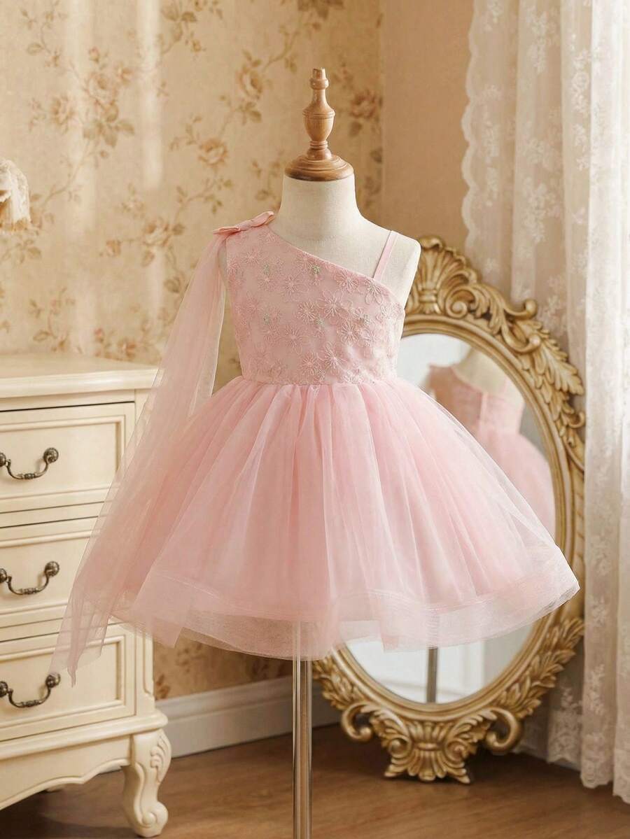 Glamorique Kids 花童生日派对婚礼节日礼服，女婴公主蕾丝缎面薄纱蓬蓬裙，薄纱缎带不对称蝴蝶结设计，适合正式场合、舞台表演、钢琴演奏、派对、拍照、夏季，欧美风格