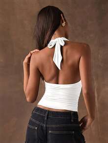 SHEIN BAE Women's Sexy Solid Color Backless Halter Top, Summer,Summer Top - White - View 2