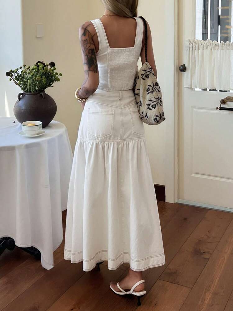 Women's Elegant Solid Color Camisole & A-Line Denim Skirt Set, Summer,Wedding Guest Dress Women