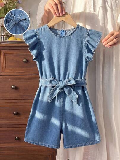 SHEIN Tween Girls' Round Neck Sleeveless Cute Ruffle Hem Belted Denim Jumpsuit Short,Vacation,Preppy Style Spring And Summer Wear,Suitable For Spring And Summer Wear, Elegant And Holiday Wear,Spring Break Summer Beach Vacation Wear,Summer Short,White Short,Girls Cute Spring Summer Two Pieces