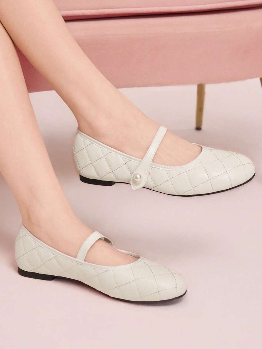 CUCCOO DOLLMOD Off-White Flat-Bottomed Commuter College Style Women's Fashion Simple Rhombus Pattern Shoes Women's Slip-On Versatile Ballet Shoes Mary Jane Spring Shoes - Beige - View 1