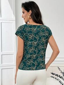 Miaspire Women's Floral Pattern Round Neck Asymmetric Hem Casual Top - Multicolor - View 2