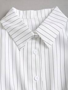 SHEIN Tall Women's Striped Long Sleeve Single-Breasted Casual Commuter Shirt - White - View 4