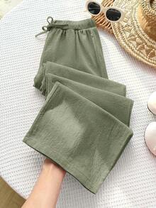 SHEIN Tween Girls' Casual Minimalist Comfortable Mid-Rise Straight Leg Pants - Army Green - View 6