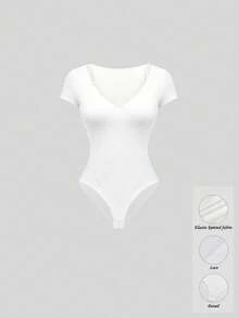 Rina Fox Nuevo body de verano para mujer, body sexy de cuello en V profundo con encaje en contraste blanco, body casual de manga corta, body sexy con escote en V y parches, body ajustado, conjunto para fiesta, conjunto para vacaciones en la playa, body casual, adecuado para salidas diarias, body para la playa, vestido de traje de baño - Blanco - Ver 2