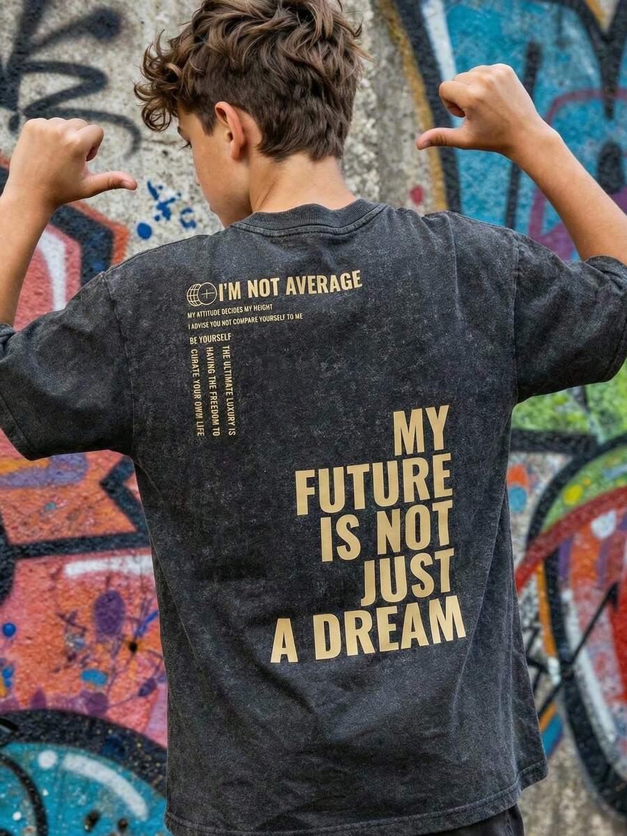 SHEIN 青少年男童字母印花做旧圆领短袖黑色T恤，SS26，夏季上衣，Y2K T恤，夏季套装，夏季服装，男童套装