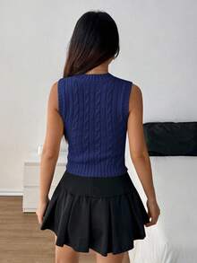 SHEIN PETITE 女式休闲马匹图案粗针织V领毛衣背心，秋季 - 藏蓝色 - 查看 2