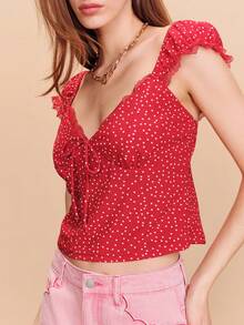 lacRébo Áo croptop dệt kim chấm bi đỏ với cổ áo hình trái tim và chi tiết ren, kiểu dáng dễ thương mùa xuân hè, phong cách Pháp, Paris. - Đỏ - Xem 4