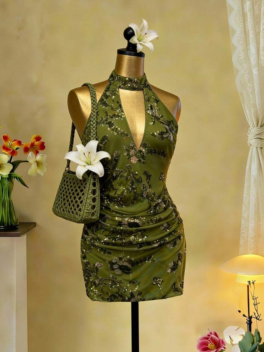 Bluhae Women's Halter Neck Ruched Floral Sequin Dress - Green - View 1
