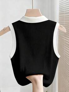 Franclia Áo tank top không tay phối màu tương phản thời trang nữ - Đen và trắng - Xem 2