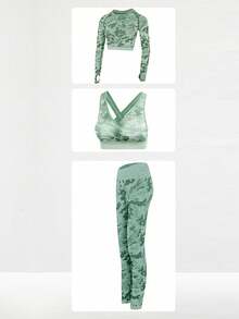 Conjunto Deportivo Mujer 3 Piezas Camuflaje Set Deportivo Completo con Sujetador Deportivo Top Deportivo Playera Deportiva y Leggings Ajustados Ropa Deportiva Mujer para Gimnasio Fitness Yoga Entrenamiento Uso Diario Primavera Verano Otoño - Verde militar - Ver 3