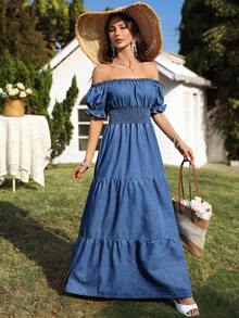 SHEIN Holidaya 女士牛仔短袖开衩性感连衣裙 - 中等水洗藍 - 查看 4