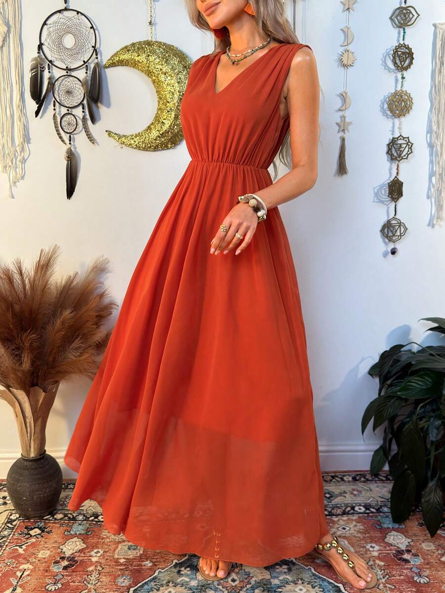 Đầm chiffon không tay Fembélia 2026 mới, thích hợp cho kỳ nghỉ xuân/hè. - trái cam - Xem 1