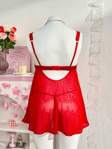 2pcs Set: Cute Bow-Tie Bust Strap & Sexy Mesh Slip Dress For Women - Red - View 2