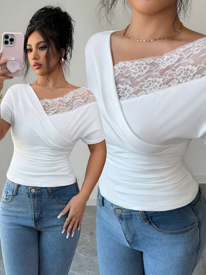 Elenzga Women's Summer Outing, Dating, New Year, Valentine's Day, Easter, Mother's Day, Music Festival, Middle Eastern, Wedding, Elegant, Vintage, Casual, Commute, Romantic, Vacation Contrast Lace Asymmetric Collar Slim Fit Short Sleeve T-Shirt, White