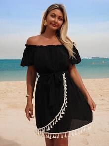 Swim Lushoire Women's Summer Beach Off Shoulder Bowknot Elastic Waist Patchwork Bohemian Tassel Trim Casual Vacation Dress - Black - View 7