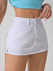 Jeanoix Chân váy denim mini dáng Y2K cỡ lớn, chất liệu không co giãn, màu trắng gợi cảm, thích hợp cho trang phục mùa xuân của phụ nữ. - trắng - Xem 3