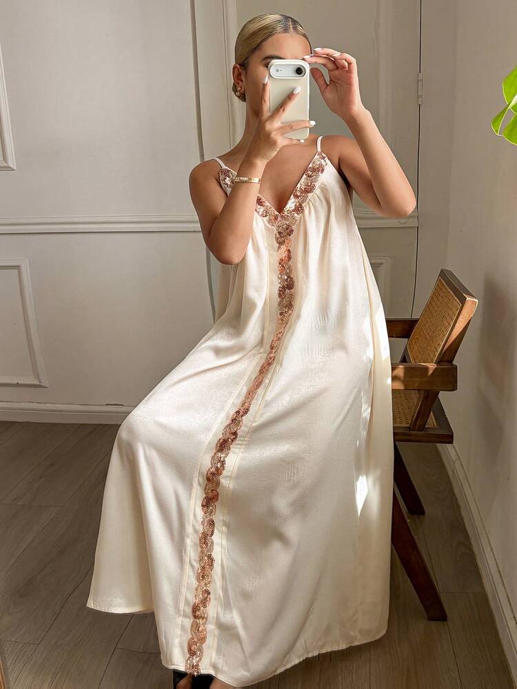 Sequin Decor Spaghetti Strap Long Nightgown For Women, Summer
