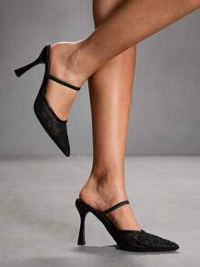 CUCCOO SZL New Autumn Lace-Up Mesh Pointed Toe High Heel Sandals - Black - View 7