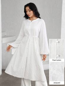Graceveil 法式浪漫提花侧系带长袖优雅甜美开衫衬衫裙 - 白色 - 查看 1