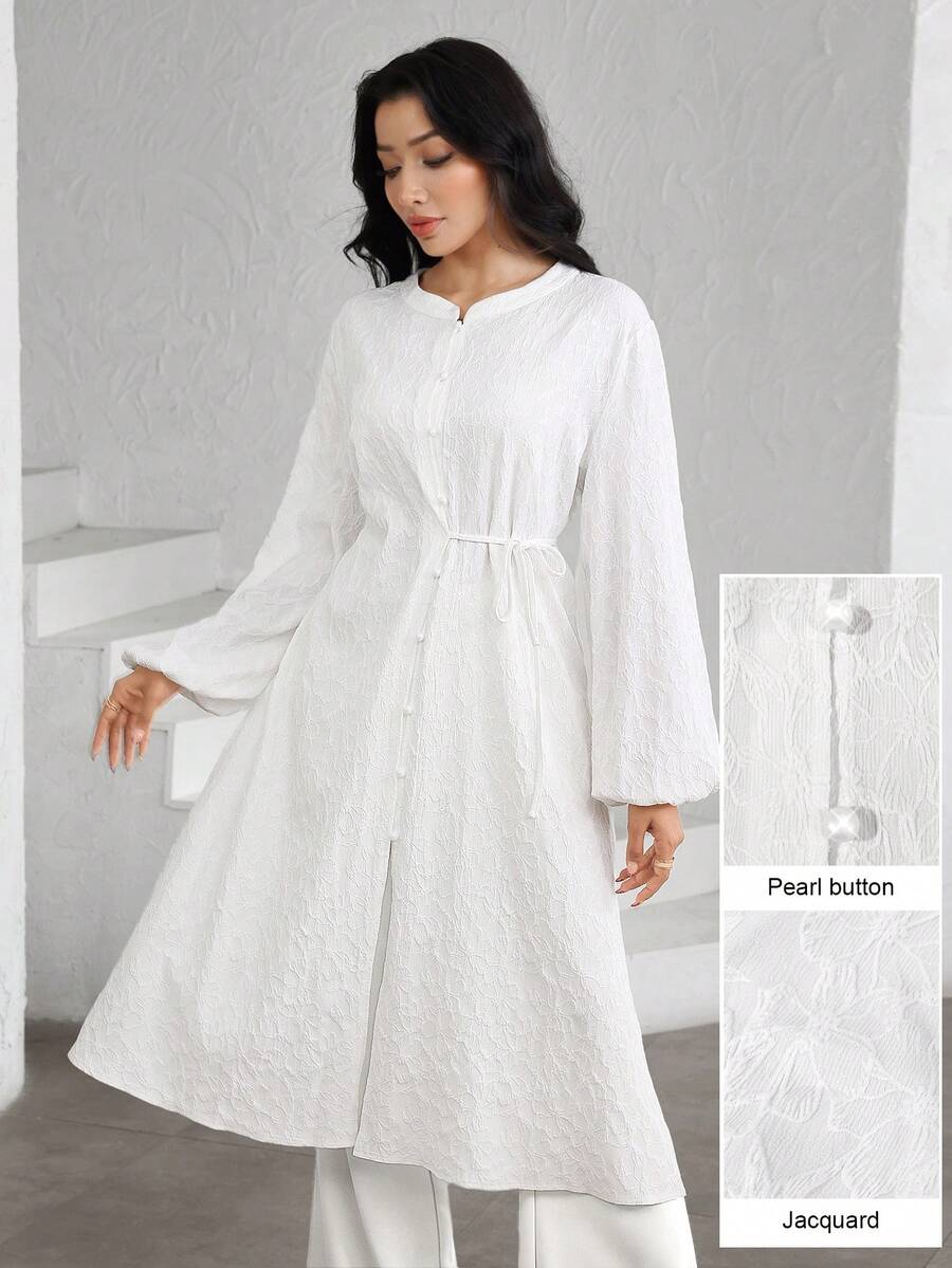 Graceveil 法式浪漫提花侧系带长袖优雅甜美开衫衬衫裙 - 白色 - 查看 1