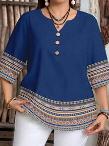 EMERY ROSE Casual Minimalist Blue Base Geometric Striped Print Women Short Sleeve Shirt, Suitable For Spring & Summer - Multicolor - View 5