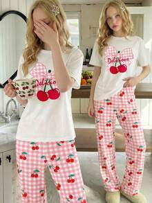 2件套少女休闲樱花蝴蝶结印花白色圆领上衣和宽松粉色格子樱花图案针织面料柔软舒适家居服短袖裤套装 - 粉色 - 查看 5