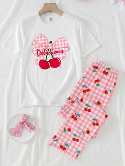 2pcs/Set Teenage Girls Casual Cherry Blossom Bow Print White Round Neck Top And Loose Pink Plaid Cherry Pattern Knit Fabric Soft Comfortable Loungewear Short Sleeve Pants Suit