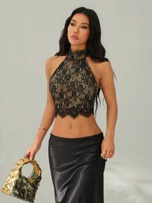 SHEIN PETITE 女士蕾丝吊带露背性感黑色吊带衫 - 黑色 - 查看 11