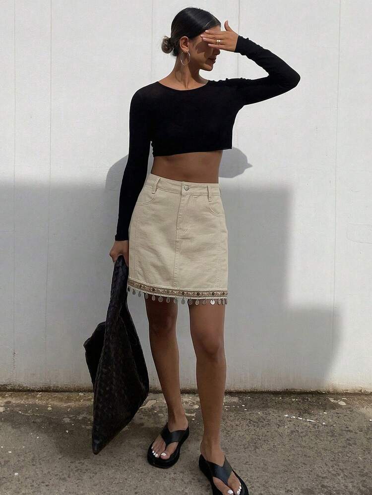 Women's Denim Skirt With Ribbon & Sequin Decor Slant Pocket, Fashion Summer Boho