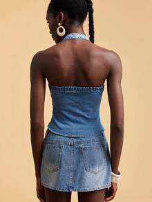 Travachic Áo sơ mi denim ôm dáng, hở lưng, cổ yếm, phong cách nghỉ hè dành cho nữ, họa tiết Paisley. - Rửa trung bình - Xem 2