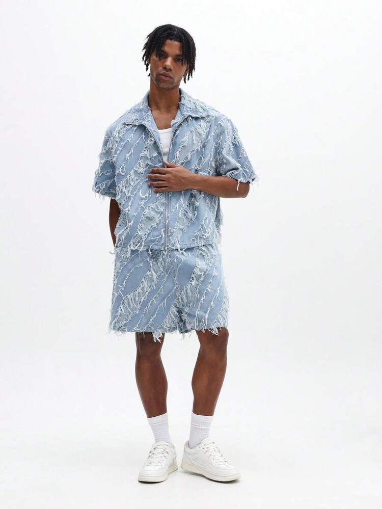 Distressed Light Blue Denim Co-Ord Set Frayed Shirt And Shorts Two Piece Matching Outfit Summer Street Style