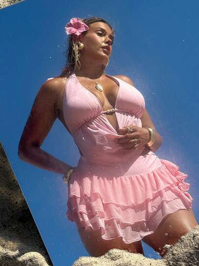 SHEIN BAE Plus Size Women Summer Beach Vacation Ruched Halter Sexy Tankini Swimwear Set