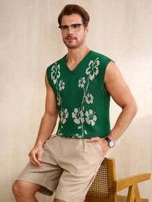 Manfinity CityGents 男士夏季休闲度假印花V领毛衣背心 - 綠色 - 查看 6