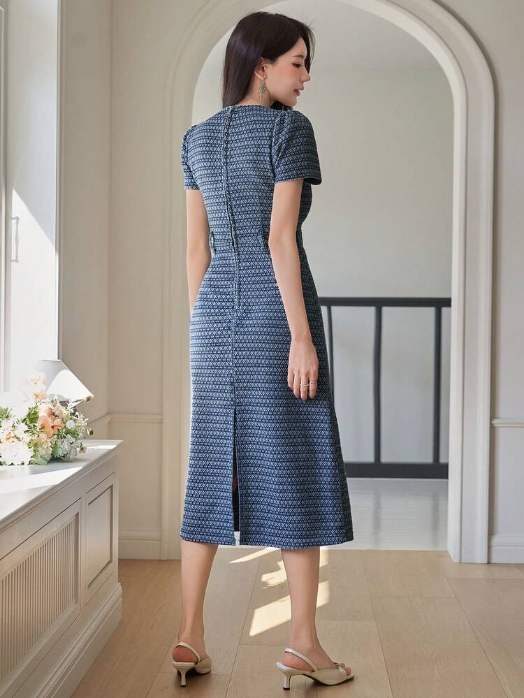 Women's Elegant Floral Plaid Print Faux Pocket Round Neck Puff Sleeve Denim Dress, Summer,Wedding Guest Dress Women