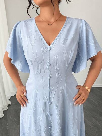 Elenzga Women's Elegant Commuter Casual Blue Jacquard V-Neck Irregular Ruffle Decor Button Fitted Waist Slimming Plus Size Maxi Dress, Spring/Summer