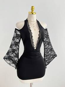 Elamini Women's Contrast Lace Deep V Neck Ruched Sexy Halter Mini Dress - Black - View 1