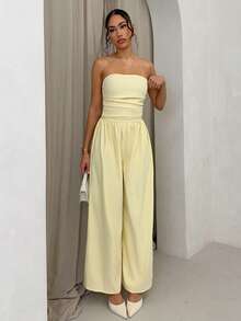 SHEIN Glamour Mono de pierna ancha con pliegues y sin tirantes, unicolor y sexy, adecuado para graduación y baile de graduación - Amarillo - Ver 4