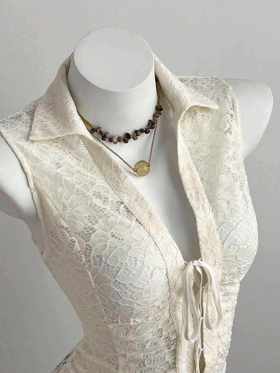 Elamini Sexy Casual Tie-Up Design Open Slit Waist Shirt For Women - Apricot - View 1