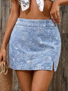 Vivid Eden Women's Casual Versatile Denim Mini Skirt With Shell & Starfish Pattern, Suitable For Daily Wear - Light Wash - View 6