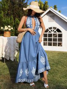 Breezaya 女士度假印花牛仔连衣裙 - 藍色 - 查看 6