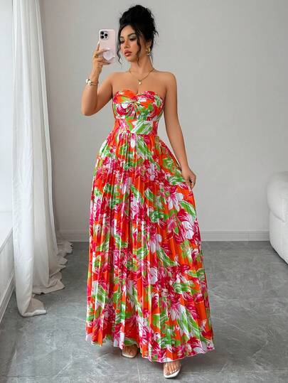 SHEIN Elenzya Vestido elegante y romántico con estampado floral delicado, con escote halter, cintura calada y pliegues en línea A, adecuado para vacaciones
