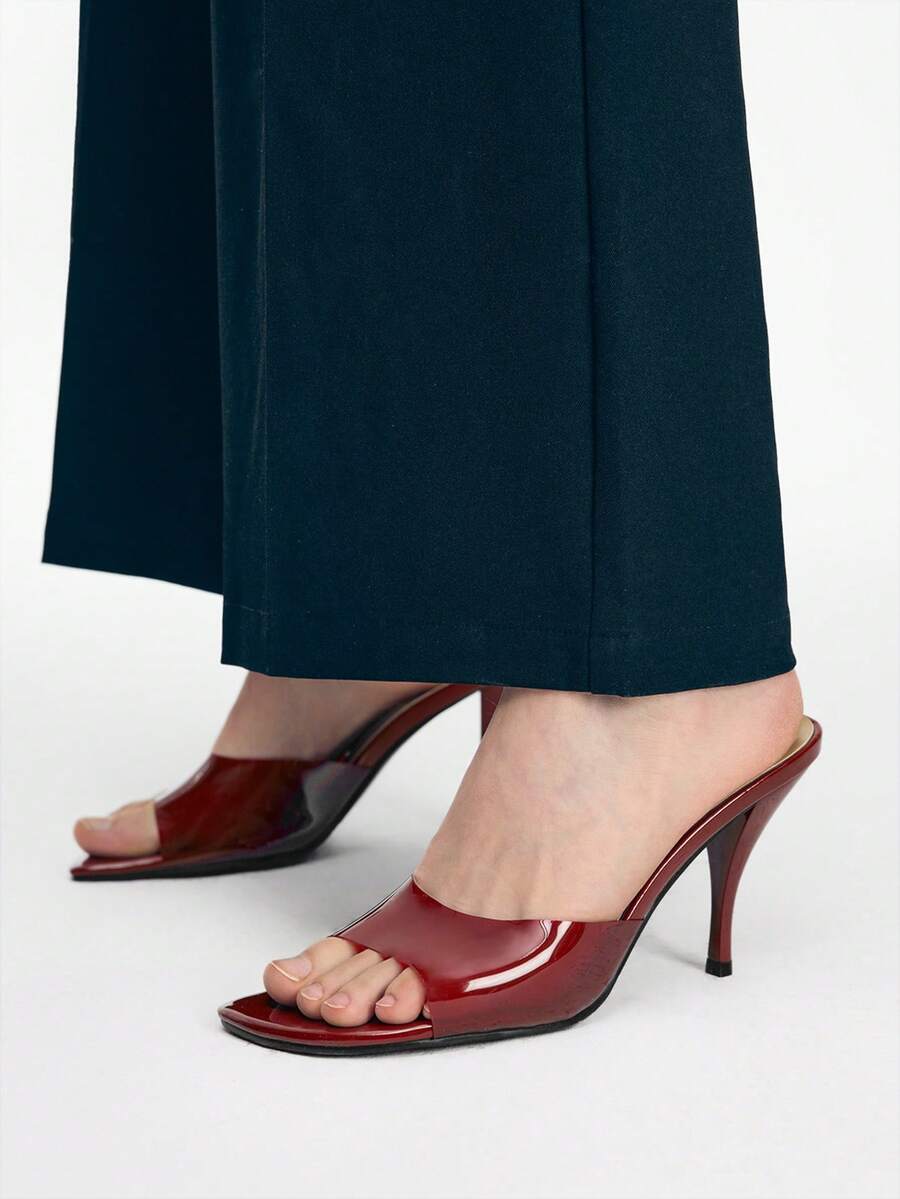 Mnmlis Sandalias de tacón alto para mujer, elegantes sandalias de tacón de aguja con diseño transparente y abierto en la punta, tipo mule deslizante, para fiestas, primavera/verano - Burdeos - Ver 1