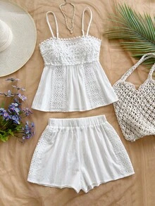 Soleia Nuevo conjunto de 2 piezas de ropa de estar en casa informal de unicolor con camiseta de tirantes y pantalones para mujeres, adecuado para vacaciones, días festivos, playa, vacaciones de primavera, festivales de música, estilo bohemio, escapadas tropicales, romántico y versátil para salidas y citas - Blanco - Ver 1