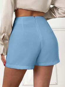 EURMUSE 女款白色高腰口袋短裤 136 - 淺藍色 - 查看 2
