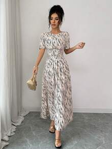 Elenzga Women's Fashionable Full Print Dress For Summer - Apricot - View 4