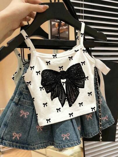 Parte superior de tirantes estilo camiseta minimalista, elegante y delicada con estampado de lazo, estilo coreano, ideal para uso casual, salidas de verano, eventos como graduación, cómoda y con estilo para primavera y verano