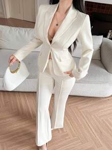 DAZY Women's Elegant Faux Pocket Blazer Jacket And Flared Pants Suit, Spring/Summer - Apricot - View 5