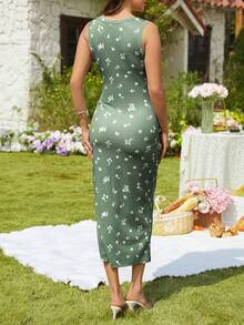 SHEIN Printed Sleeveless Dress, Casual Slit Design, Suitable For Pregnant Women - Green - View 2
